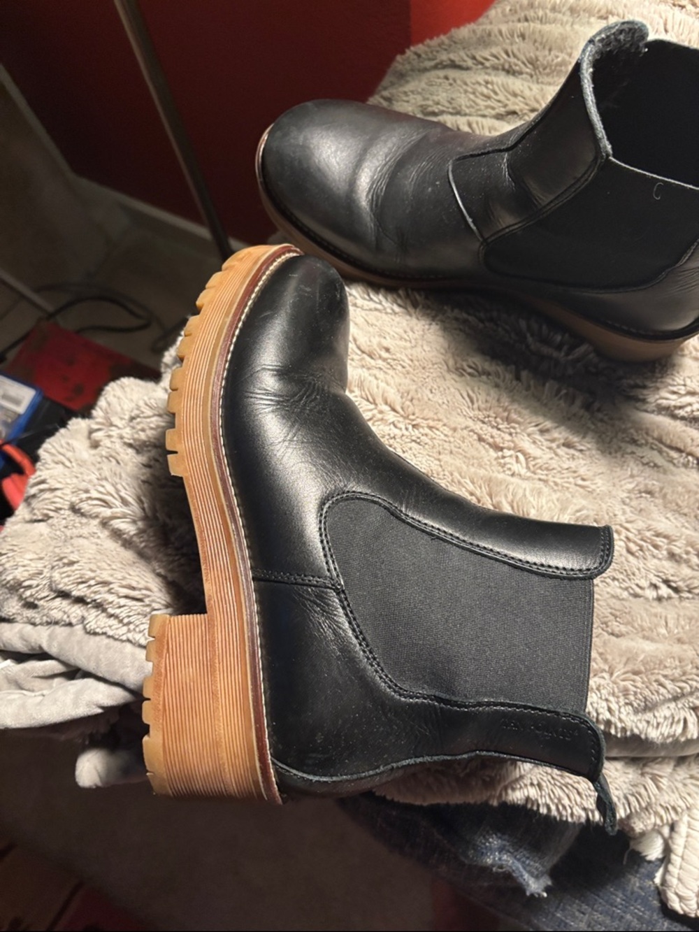 Black Leather Chelsea Booties with Stacked Heel